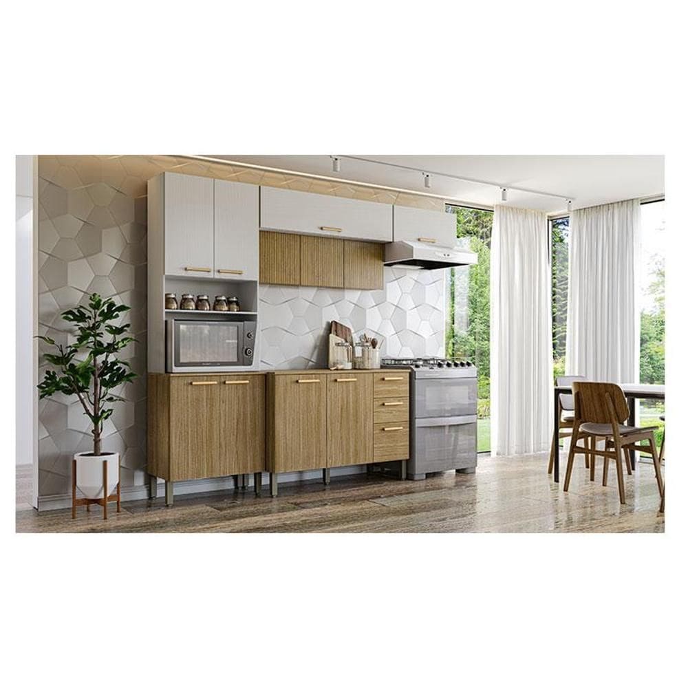 Kit Cozinha Ambiente Urbane com Balcão e Tampo Freijó Supremo Ripado - Kits Paraná