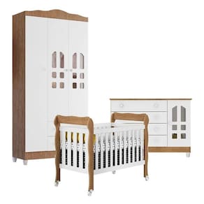 Quarto de Bebê New Selena 3 Portas com Berço Lila e Cômoda Gran Selena Branco Acetinado Amadeirado – Carolina Móveis
