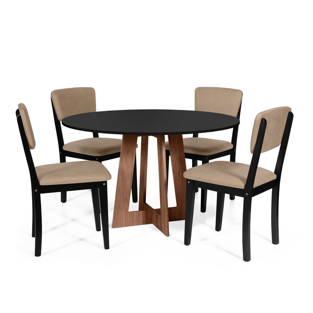 Mesa de Jantar Redonda Montreal Pret/Nor com 4 Cadeiras Estofadas Ella Preto/Marrom Claro