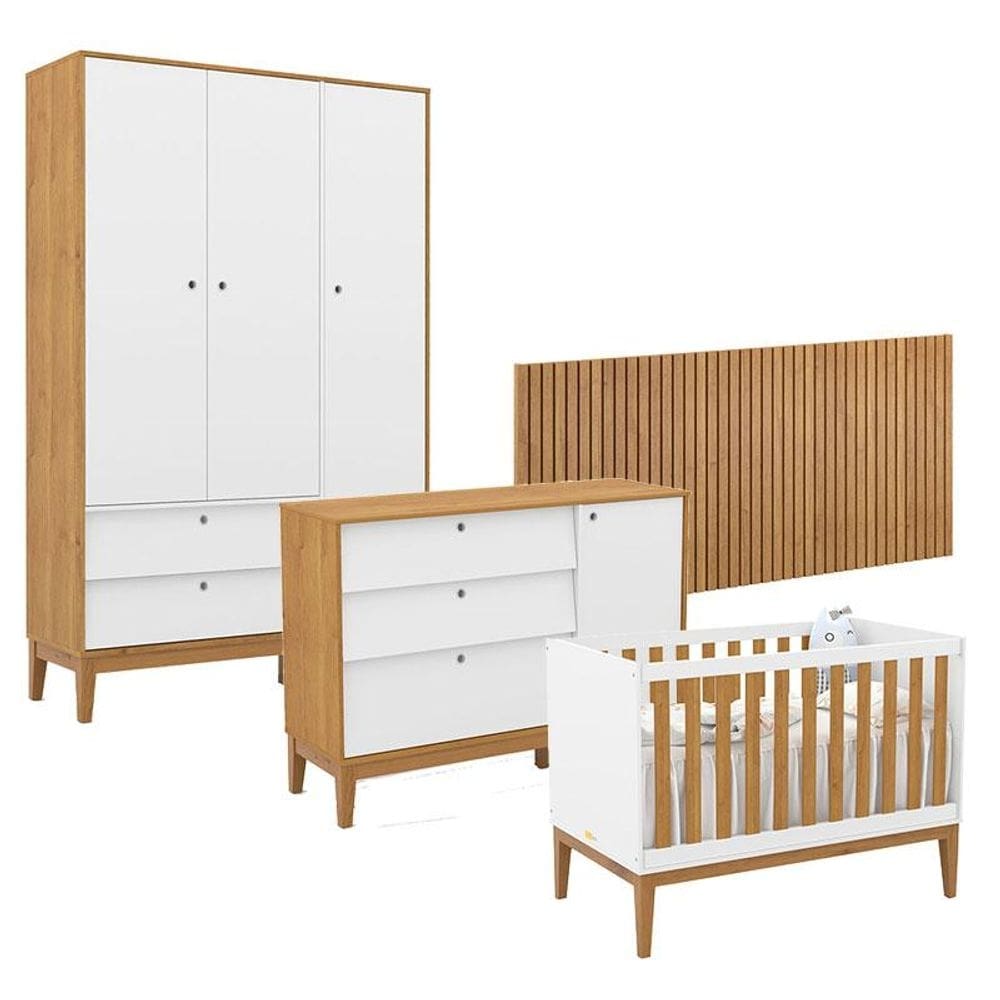 Quarto de Bebê Unique 3 Portas com Cômoda Sapateira e Painel Ripado Branco Soft Freijó Eco Wood - Matic