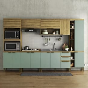 Cozinha Modulada 6 Peças 2 Aéreos 2 Balcões 1 Paneleiro e 1 Torre Quente Magnólia Mel/Verde