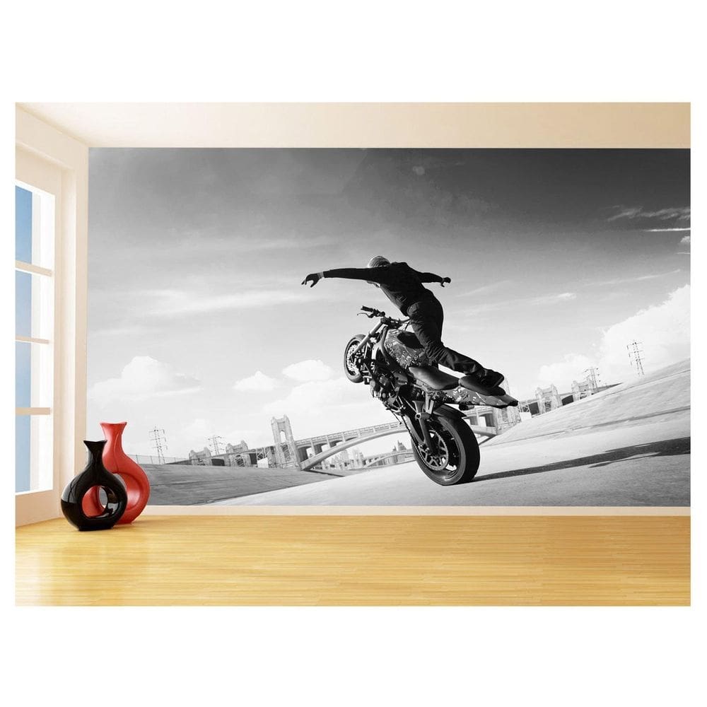 Papel De Parede 3D Moto Grau Empinando Manobra 3,5M Bkm41