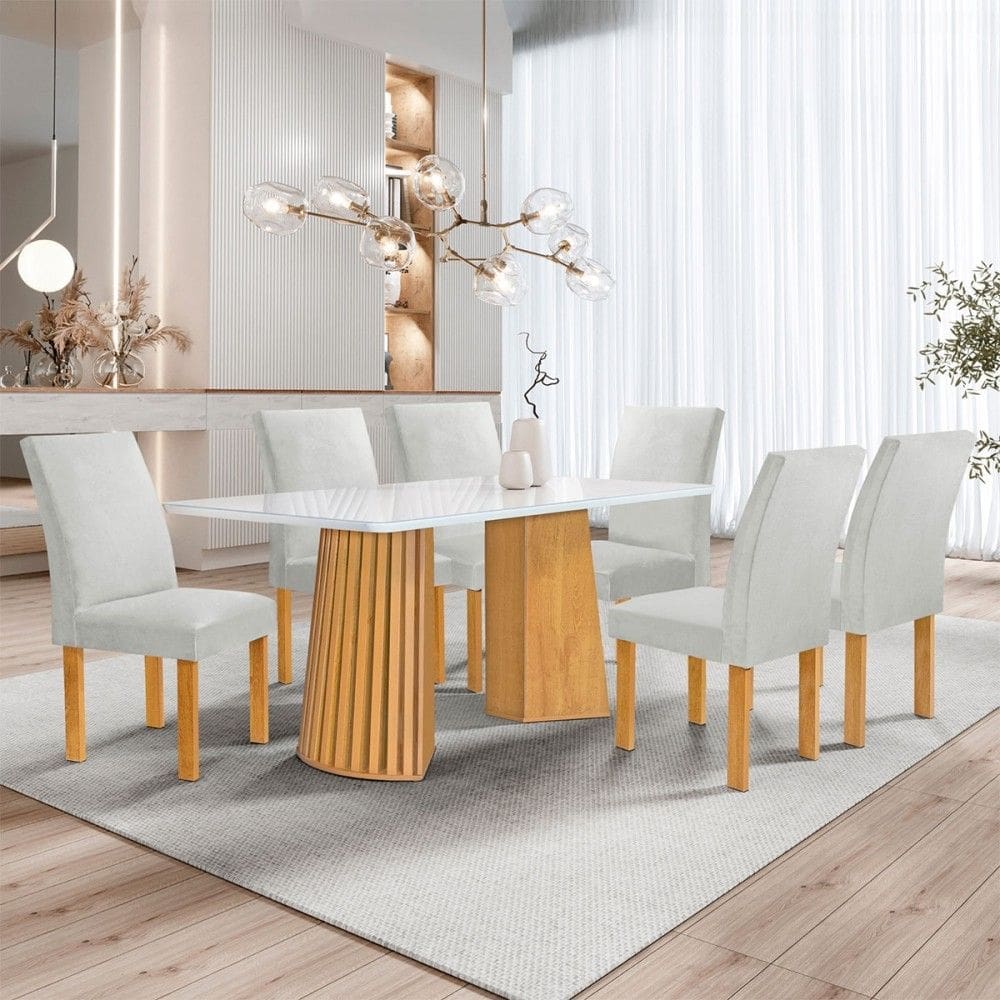 Mesa de Jantar 6 Lugares Stella Canela com Vidro Ripado Cinamomo/Off White/Boucle Gelo - Cel Móveis