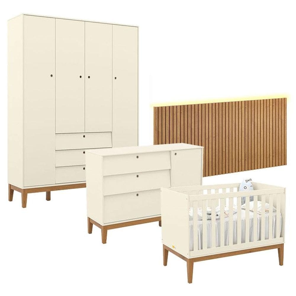 Quarto de Bebê Unique 4 Portas com Cômoda Sapateira e Painel Ripado com Led Off White Eco Wood - Matic