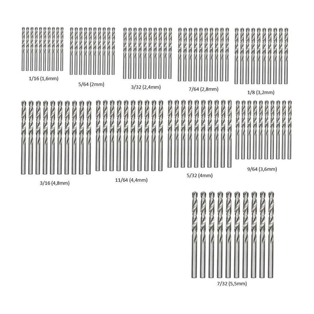 Kit 100 brocas aço 1,6mm 1/16 a 5,5mm 7/32 hss din338
