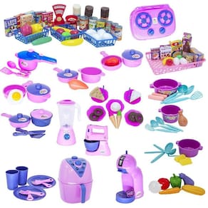Kit cozinha infantil eletro mercado louça comida 114pç