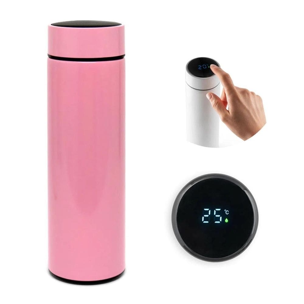 02 garrafas térmica rosa com medidor de temperatura digital