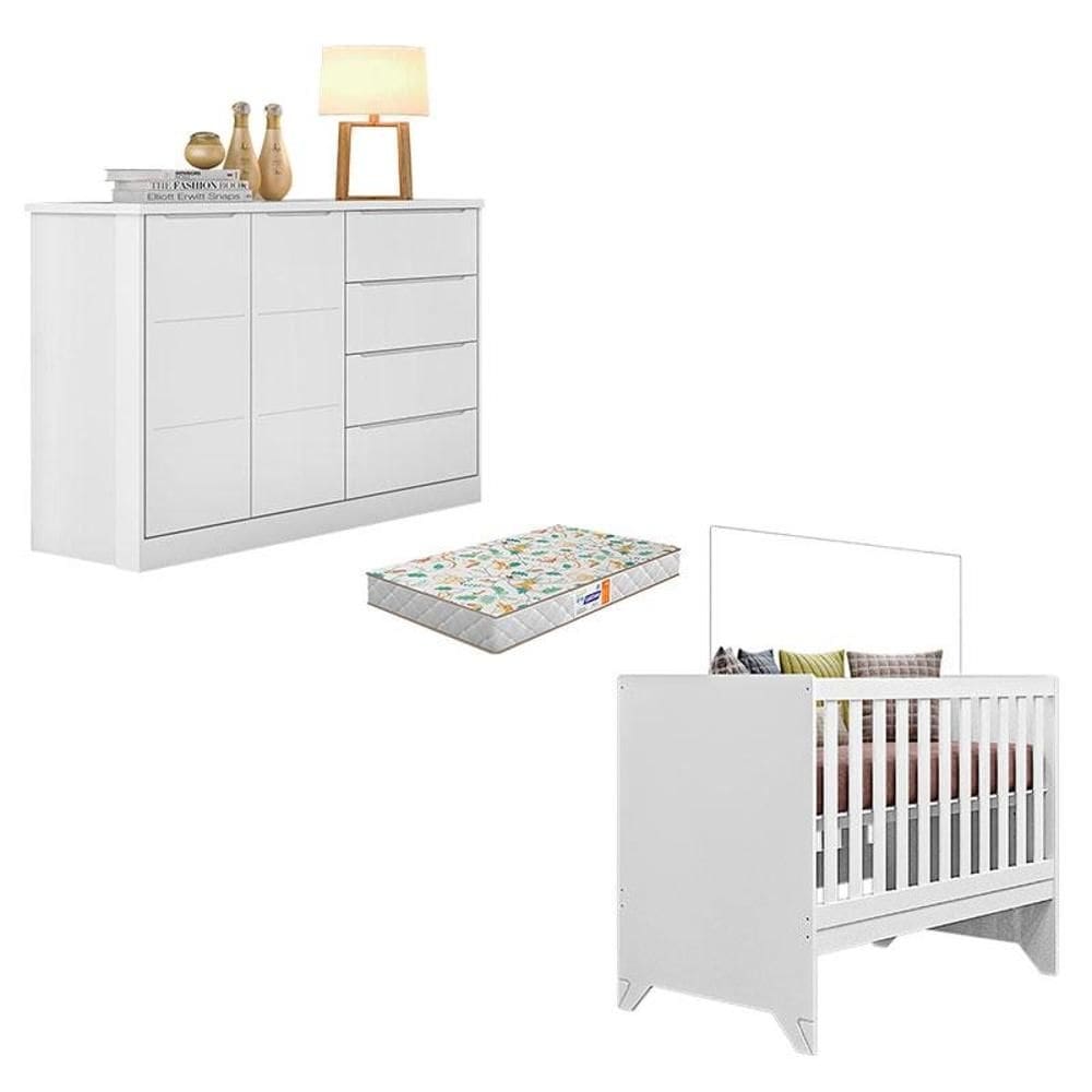 Berço Americano Maya e Cômoda Infantil Blenda Branco Acetinado com Colchão Gazin - Phoenix Baby