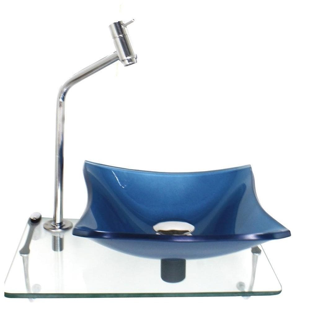 Kit cuba de vidro 10mm azul tampo 40cm incolor com suporte