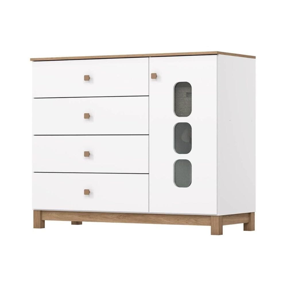 Cômoda Infantil Aconchego c/ 1 Porta e 4 Gavetas Branco/Jequitiba - Henn