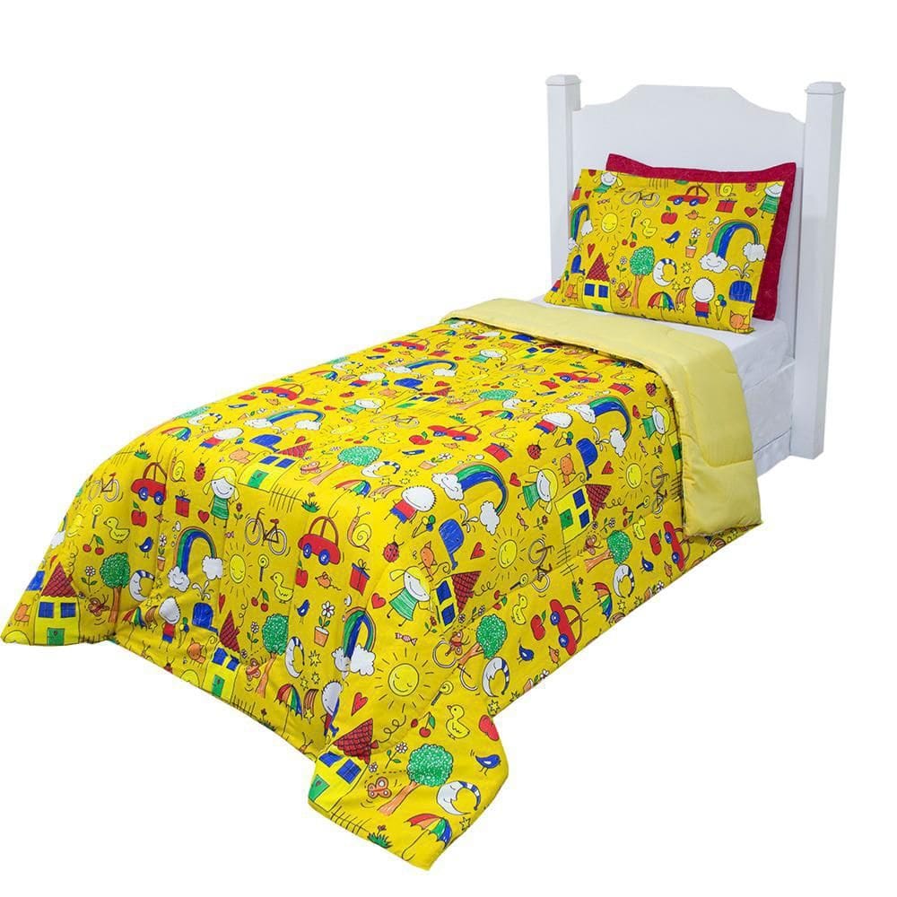 Kit edredom infantil pop arco-íris amarelo solteiro 2 peças