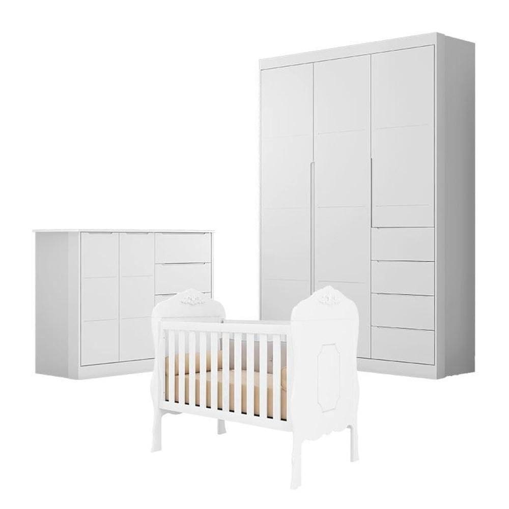 Quarto de Bebê Eloá com Berço Americano Realeza Branco Acetinado - Phoenix Baby