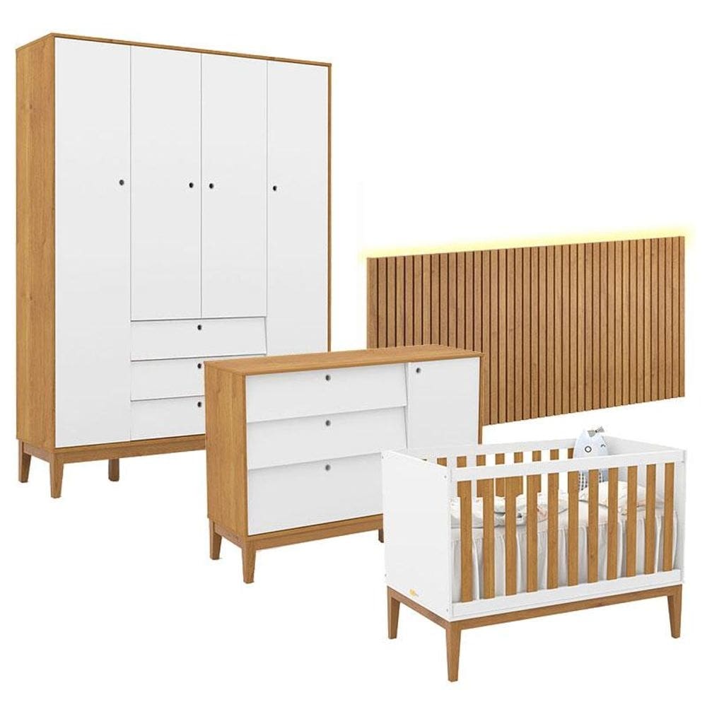 Quarto de Bebê Unique 4 Portas com Cômoda Sapateira e Painel Ripado com Led Branco Soft Freijó Eco Wood - Matic