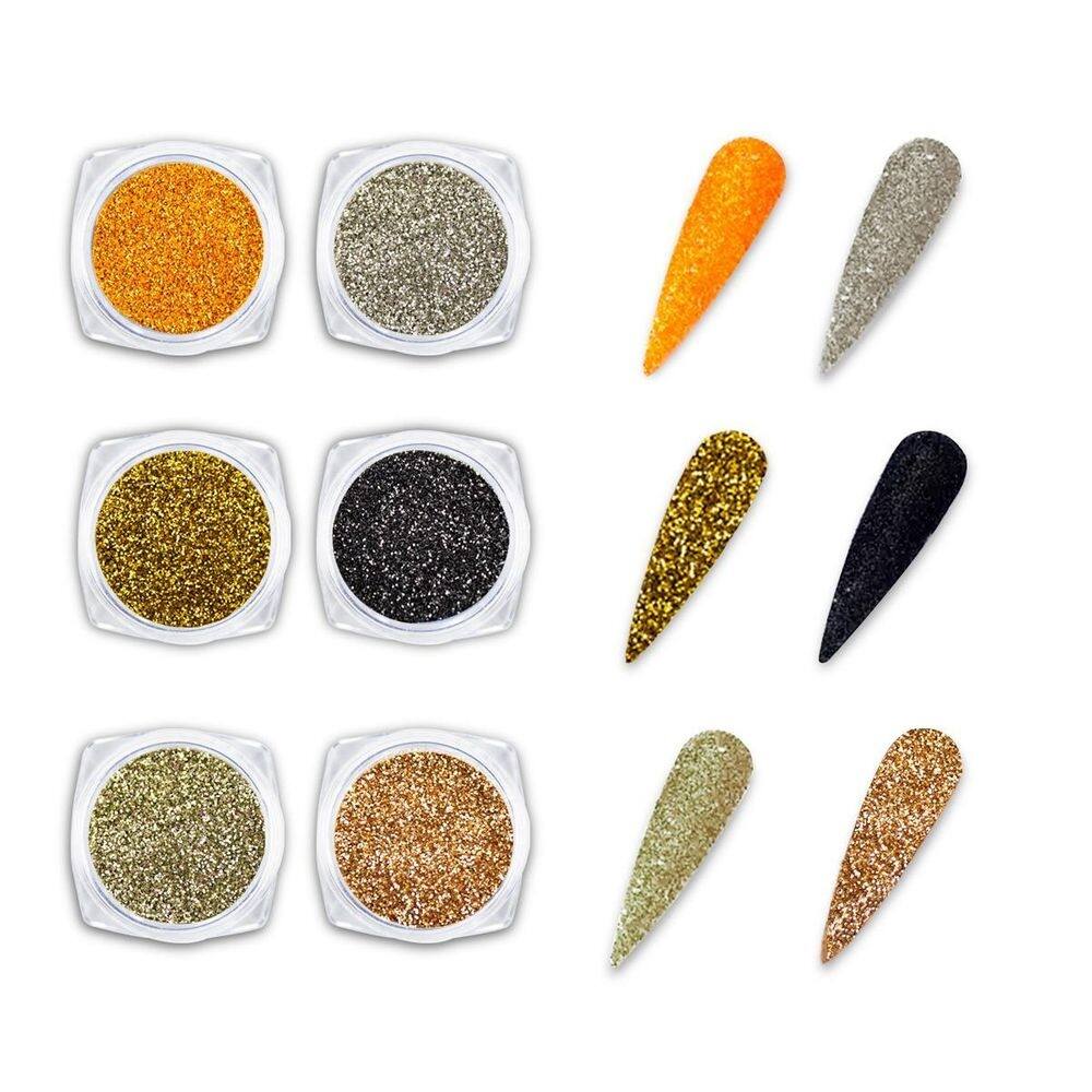 Kit 6 glitters finos decoração de unhas preto prata dourado
