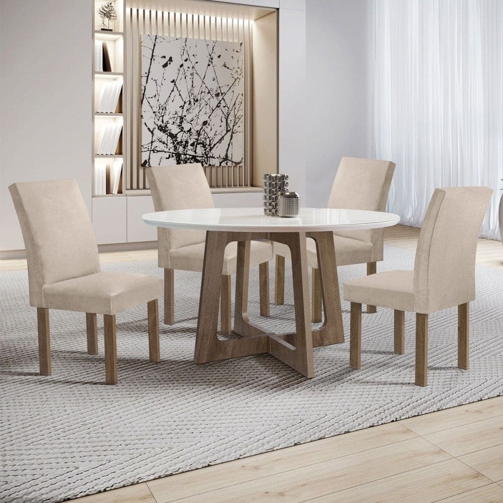 Mesa de Jantar 4 Lugares Arizona Canela com Vidro Chocolate/Off White/Boucle Bege 20770 - Cel Móveis
