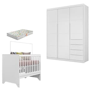 Berço Americano Maya e Guarda Roupa Infantil Blenda Branco Acetinado com Colchão Gazin - Phoenix Baby