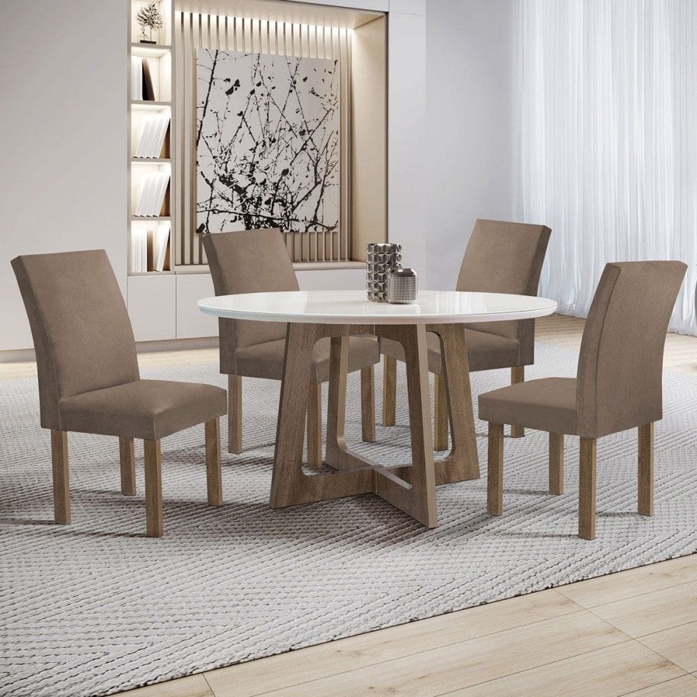 Mesa de Jantar 4 Lugares Arizona Canela com Vidro Chocolate/Off White/Veludo Bege Escuro 20770  - Cel Móveis
