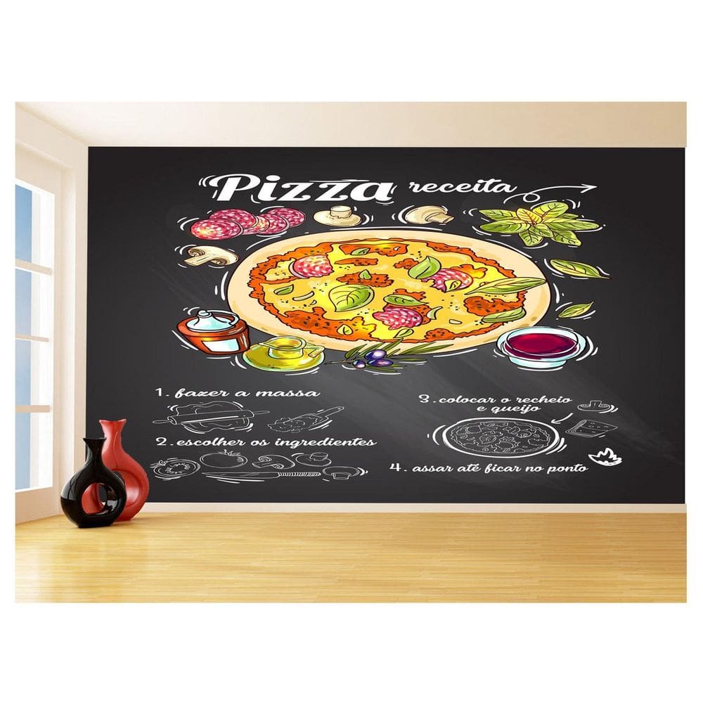 Papel De Parede Estilo Lousa Pizza Ingrediente 3,5M Lcb02