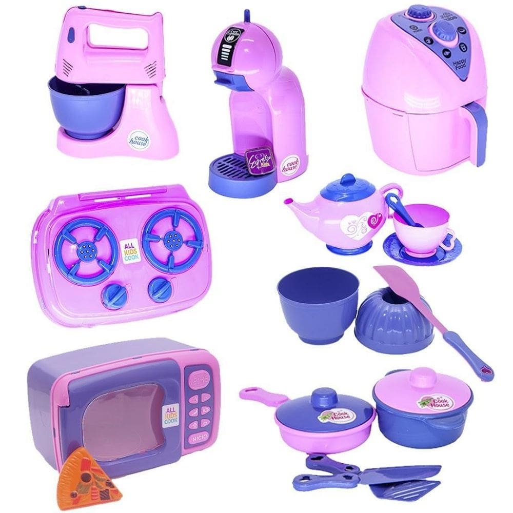Kit eletro menina brinquedo cafeteria batedeira cozinha 18pç