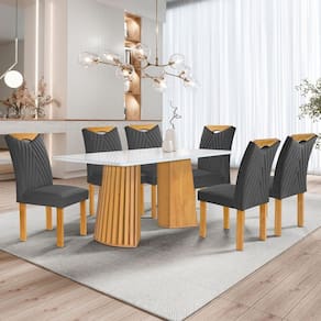 Mesa de Jantar 6 Lugares Stella com Vidro Ripado Cinamomo/Off White/Boucle Cinza - Cel Móveis