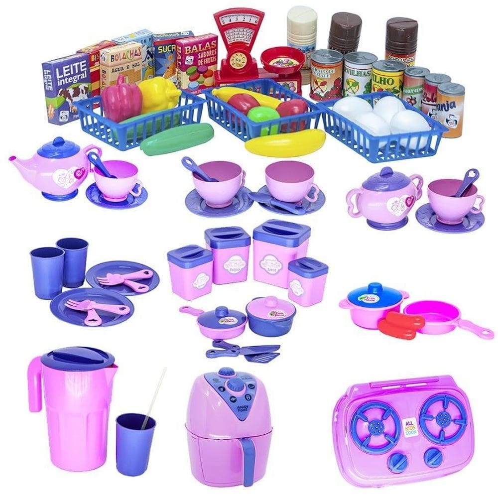 Kit infantil mercado completo cozinha comida louça pote 70pç