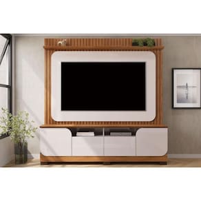 Home p/TV até 65 Polegadas Vogue Ripado c/ Prateleira e Nichos 182x183cm Freijó/Off White - DJ Móveis