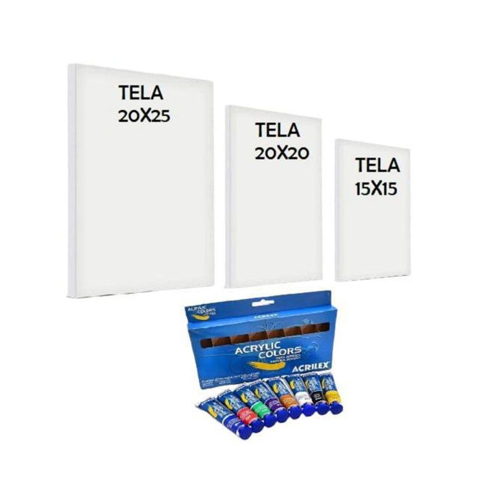 Kit 3 telas + estojo de tintas acrílica acrylic colors