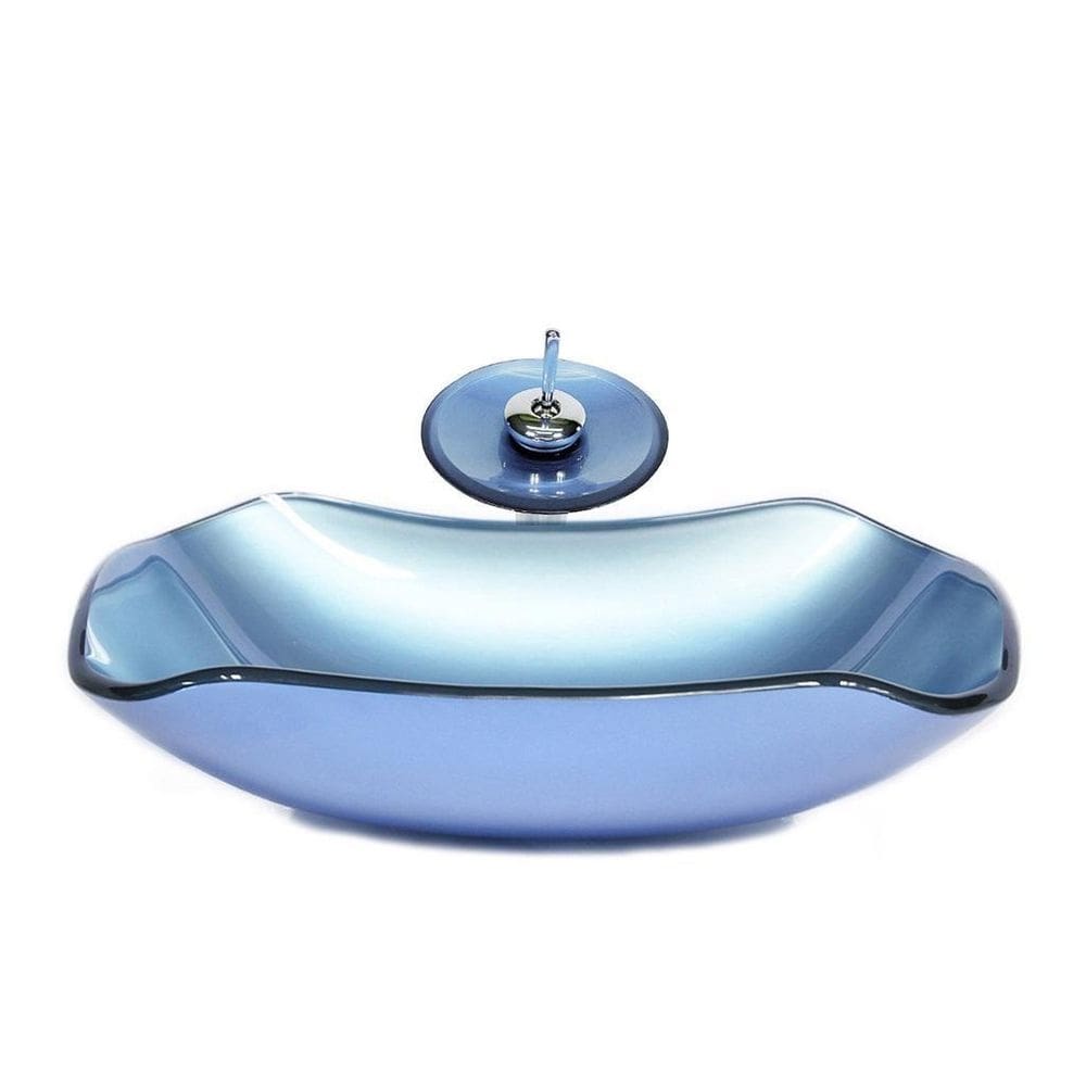 Cuba vidro abaulada 51cm azul + válvula + torneira cascata