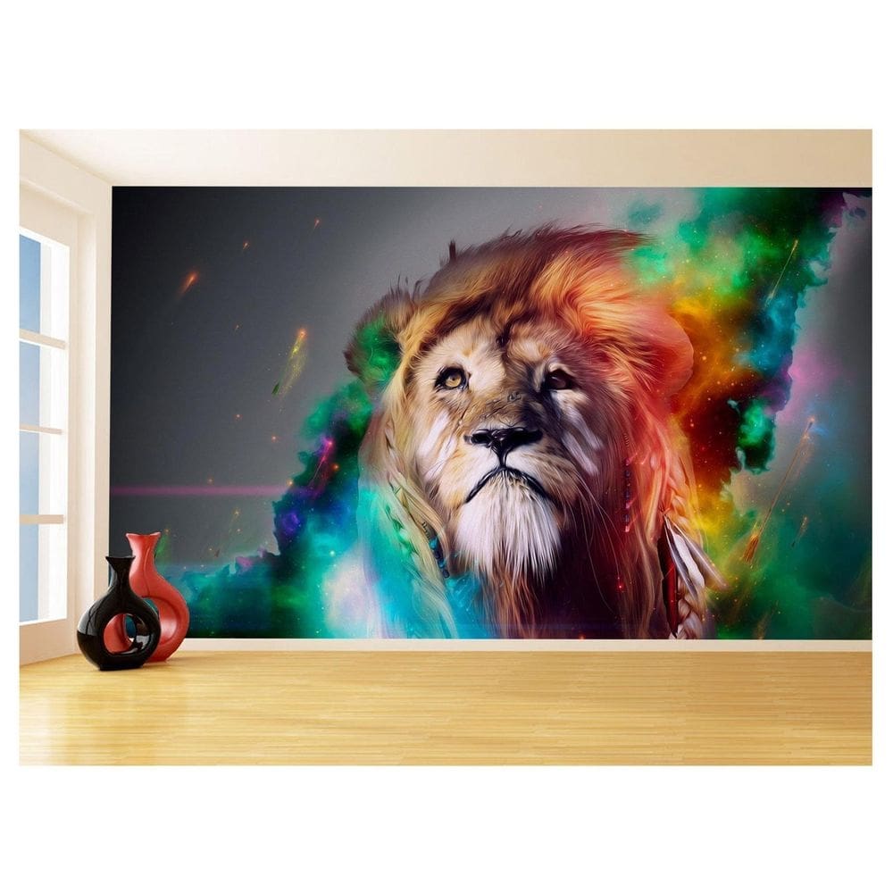 Papel De Parede 3D Arte Leão Colorido Pintura 3,5M Tra66
