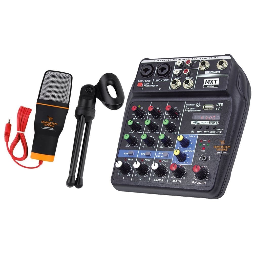 Kit Mesa de Som 4 Canais e Microfone de Mesa Condensador Pro