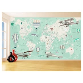 Papel De Parede 3D Mapa Mundi Kids Avião Balão 3,5M Nmu92