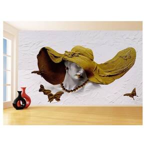 Papel De Parede 3D Arte Mulher Chapéu Pintura 3,5M Tra76