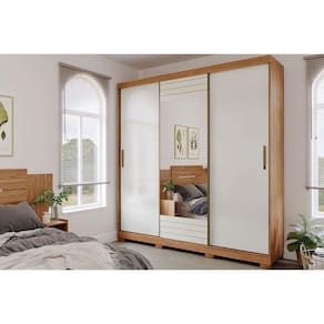 Guarda Roupa Casal 3 Portas de Correr e 4 Gavetas c/ Espelho Búzios Avelã/Off White - Panan