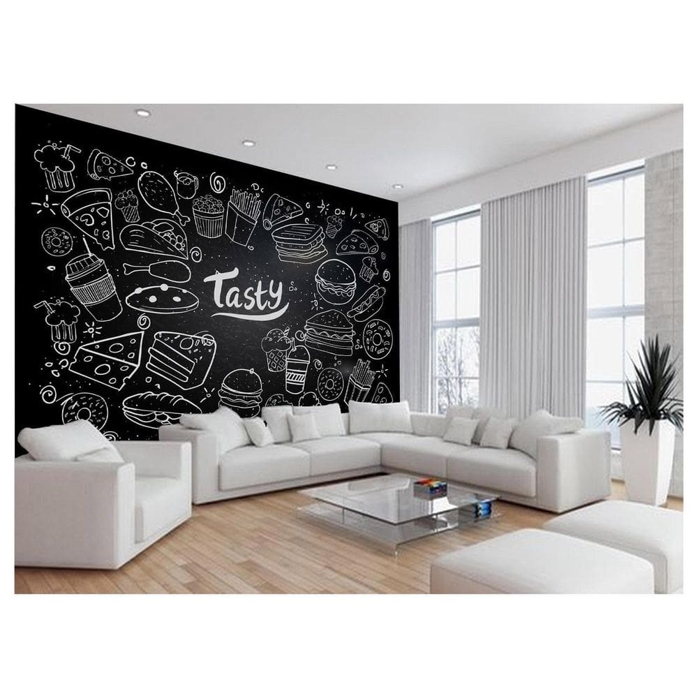 Papel De Parede 3D Estilo Lousa Lanches Comidas 3,5M Lcb33
