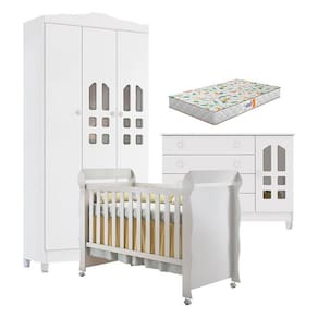 Quarto de Bebê New Selena 3 Portas com Cômoda Gran Selena e Berço Mirelle Branco Brilho e Colchão Gazin – Carolina Móveis