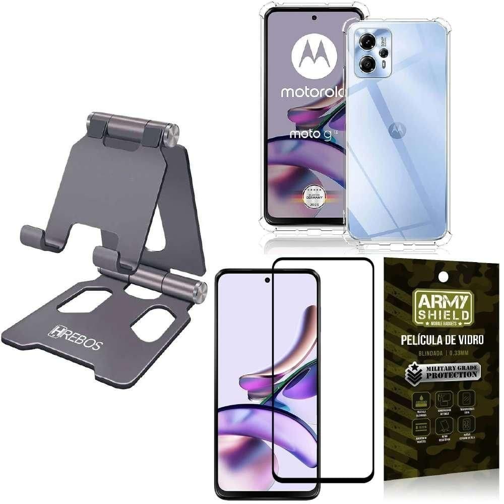 Suporte hrebos 360 cinza + capa antishock + película 3d armyshield
