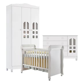 Quarto de Bebê New Selena 3 Portas com Cômoda Gran Selena e Berço Mirelle Branco Brilho – Carolina Móveis