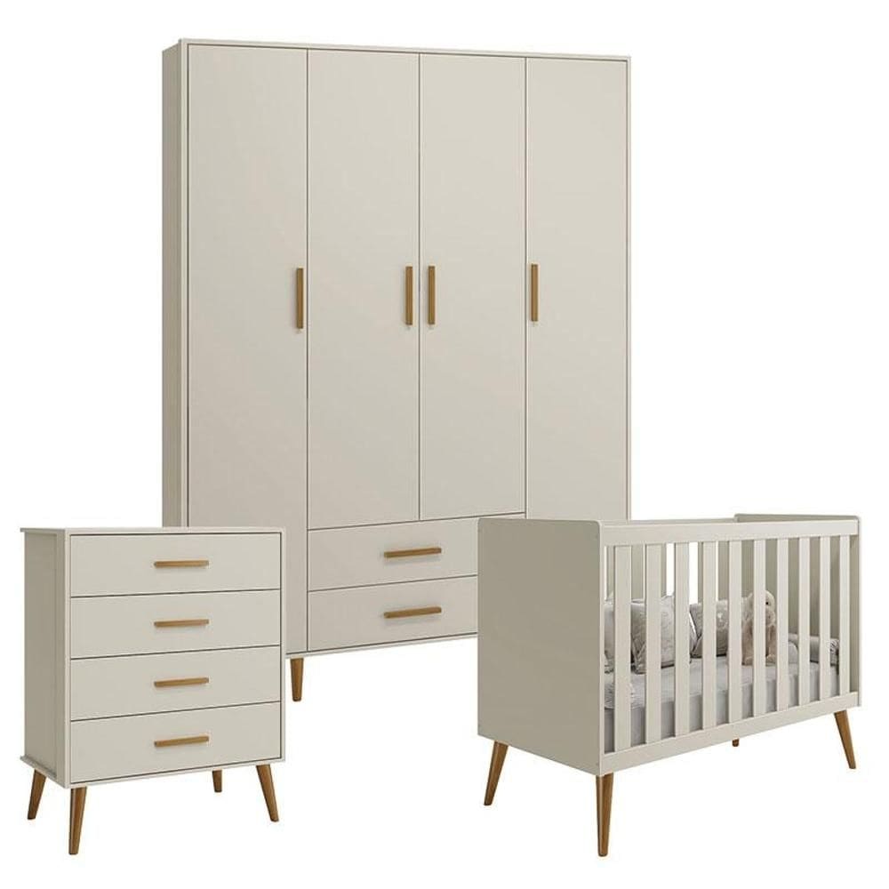 Quarto de Bebê Isis 4 Portas com Gaveteiro Areia Acetinado - Reller
