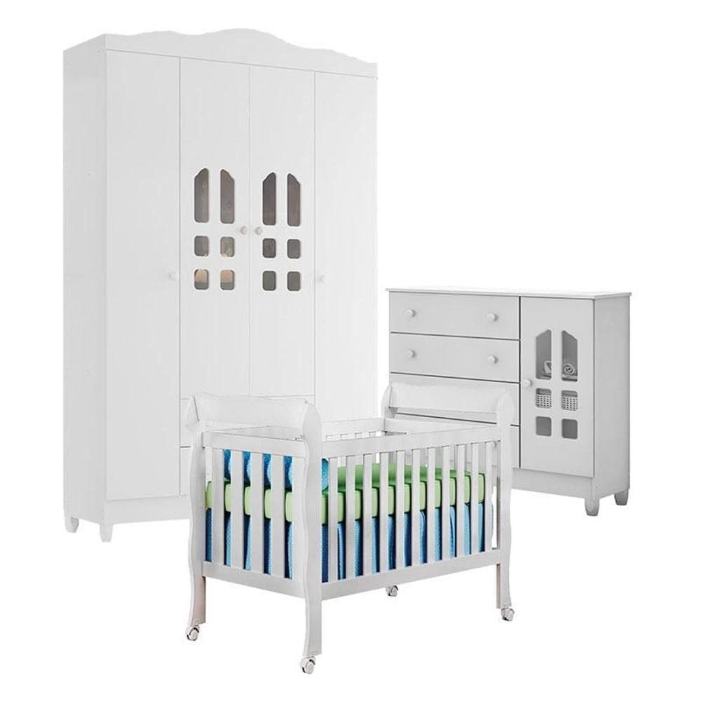 Quarto de Bebê New Selena 4 Portas com Berço Lila e Cômoda Selena Branco Brilho – Carolina Móveis