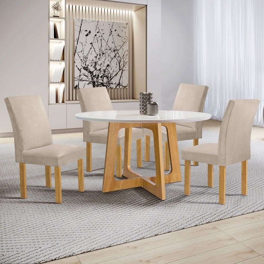 Mesa de Jantar 4 Lugares Arizona Canela com Vidro Cinamomo/Off White/Boucle Bege 20770 - Cel Móveis