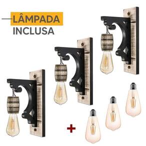Kit 3 Arandelas Luminária Colonial Rústica Madeira + Lâmpada