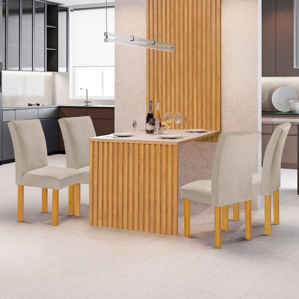 Mesa de Jantar 4 Lugares Bella Canela com Vidro Ripado Cinamomo/Off White/Boucle Bege - Cel Móveis