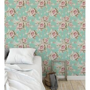 Papel de parede floral fundo azul turquesa + kit aplicação