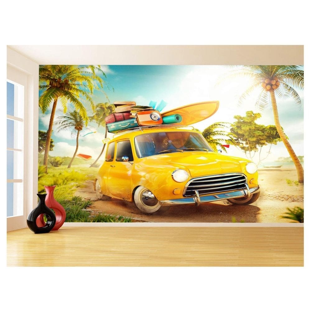 Papel De Parede 3D Praia Mar Carro Retrô Viagem 3,5M Npr279