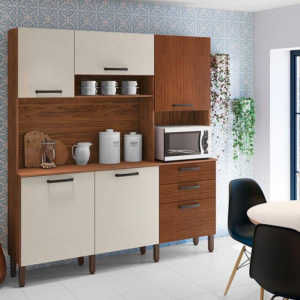 Cozinha Ambiente Ferrara 6 Portas e 2 Gavetas Nogueira Off White Ripado - Kits Paraná