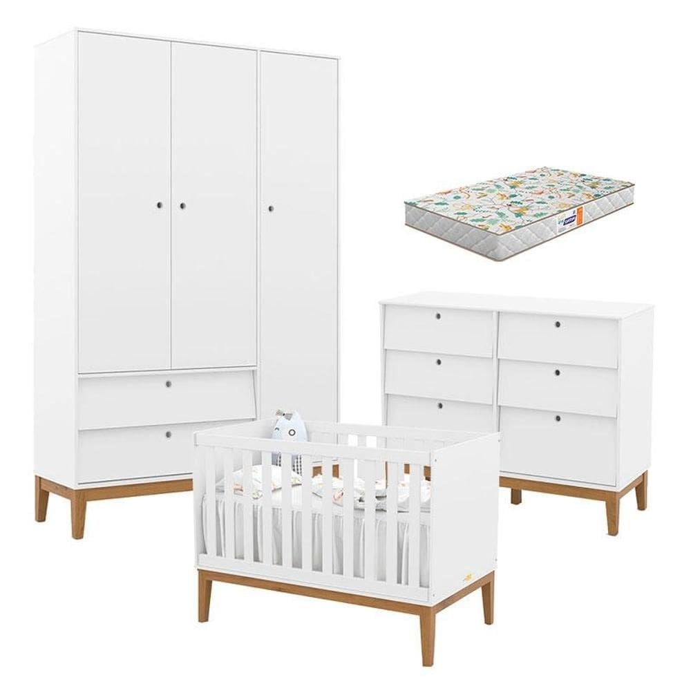 Quarto de Bebe Unique 3 Portas com Cômoda 6 Gavetas Branco Soft Eco Wood e Colchão Gazin - Matic