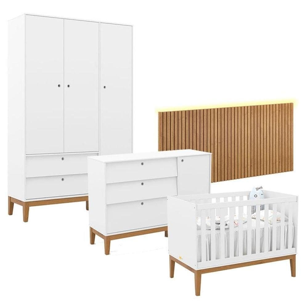 Quarto de Bebê Unique 3 Portas com Cômoda Sapateira e Painel Ripado com Led Branco Soft Eco Wood - Matic