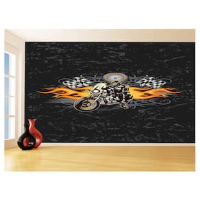 Papel De Parede 3D Moto Bike Desenho Fogo Chamas 3,5M Bkm84