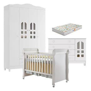 Quarto de Bebê New Selena 4 Portas com Cômoda Gran Selena e Berço Mirelle Branco Brilho e Colchão Gazin – Carolina Móveis
