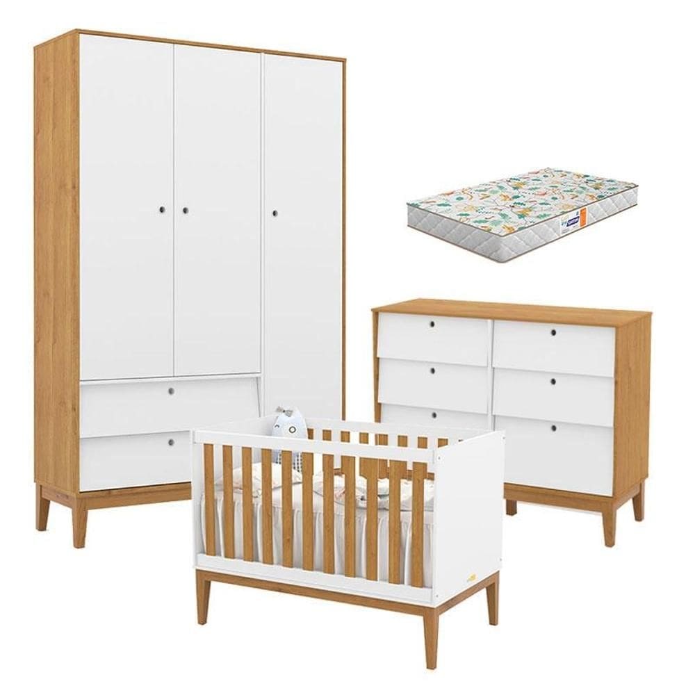 Quarto de Bebe Unique 3 Portas com Cômoda 6 Gavetas Branco Soft Freijó Eco Wood e Colchão Gazin - Matic